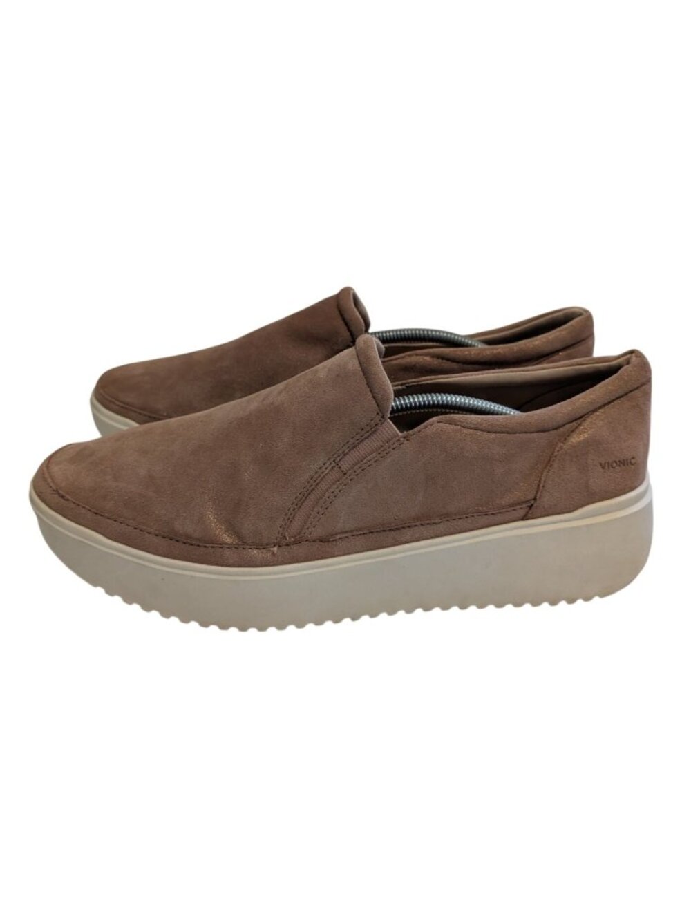 Vionic Kearny 12W Suede Platform Slip On Sneaker Tan Rose Gold Arch Support